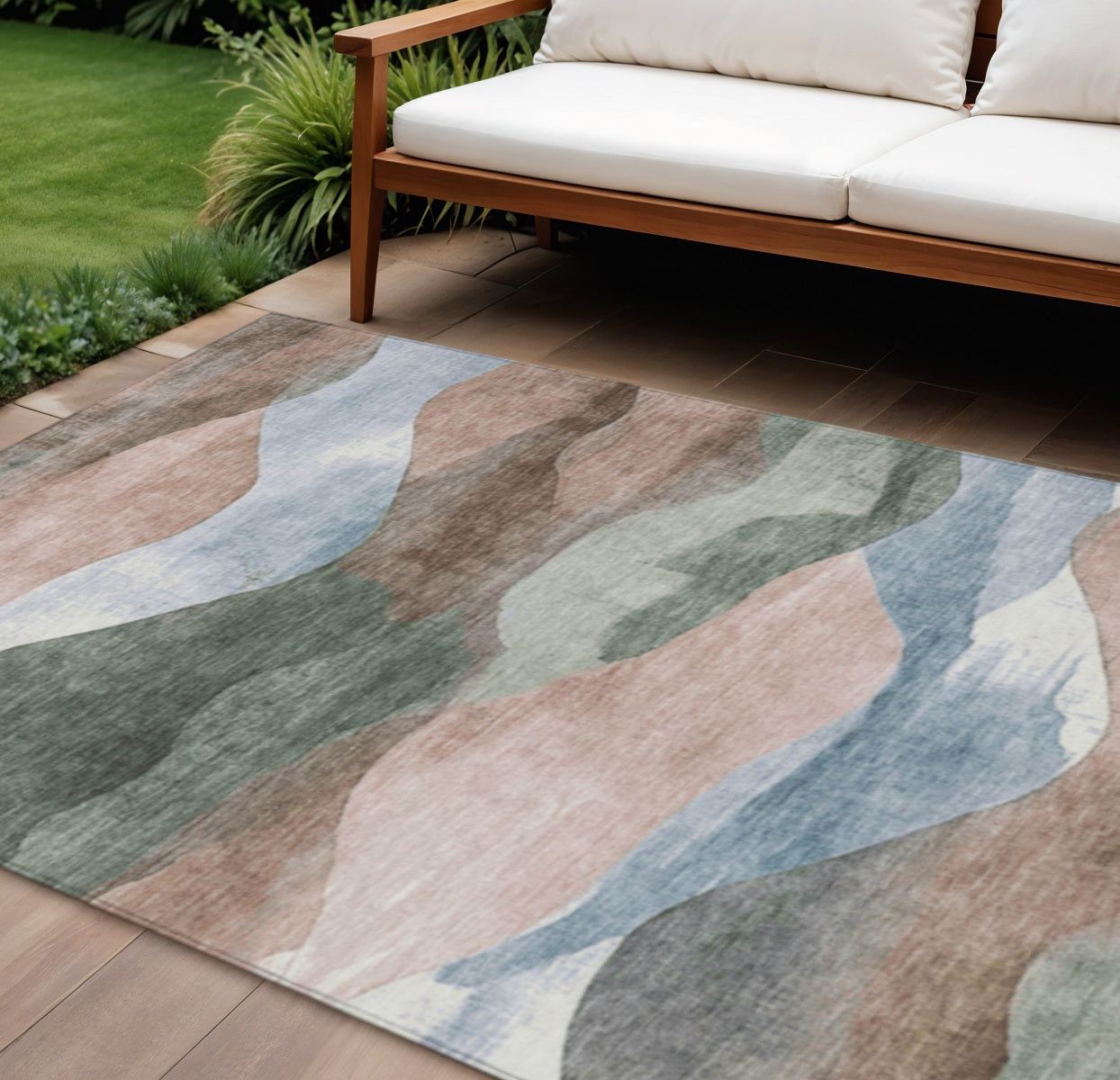 8 X 10 Salmon And Emerald Abstract Washable Indoor Outdoor Area Rug