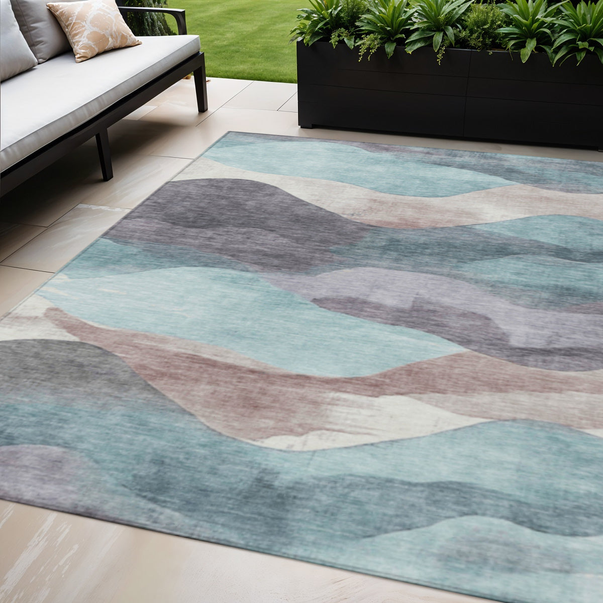 5 X 8 Teal Blue And Plum Abstract Washable Indoor Outdoor Area Rug