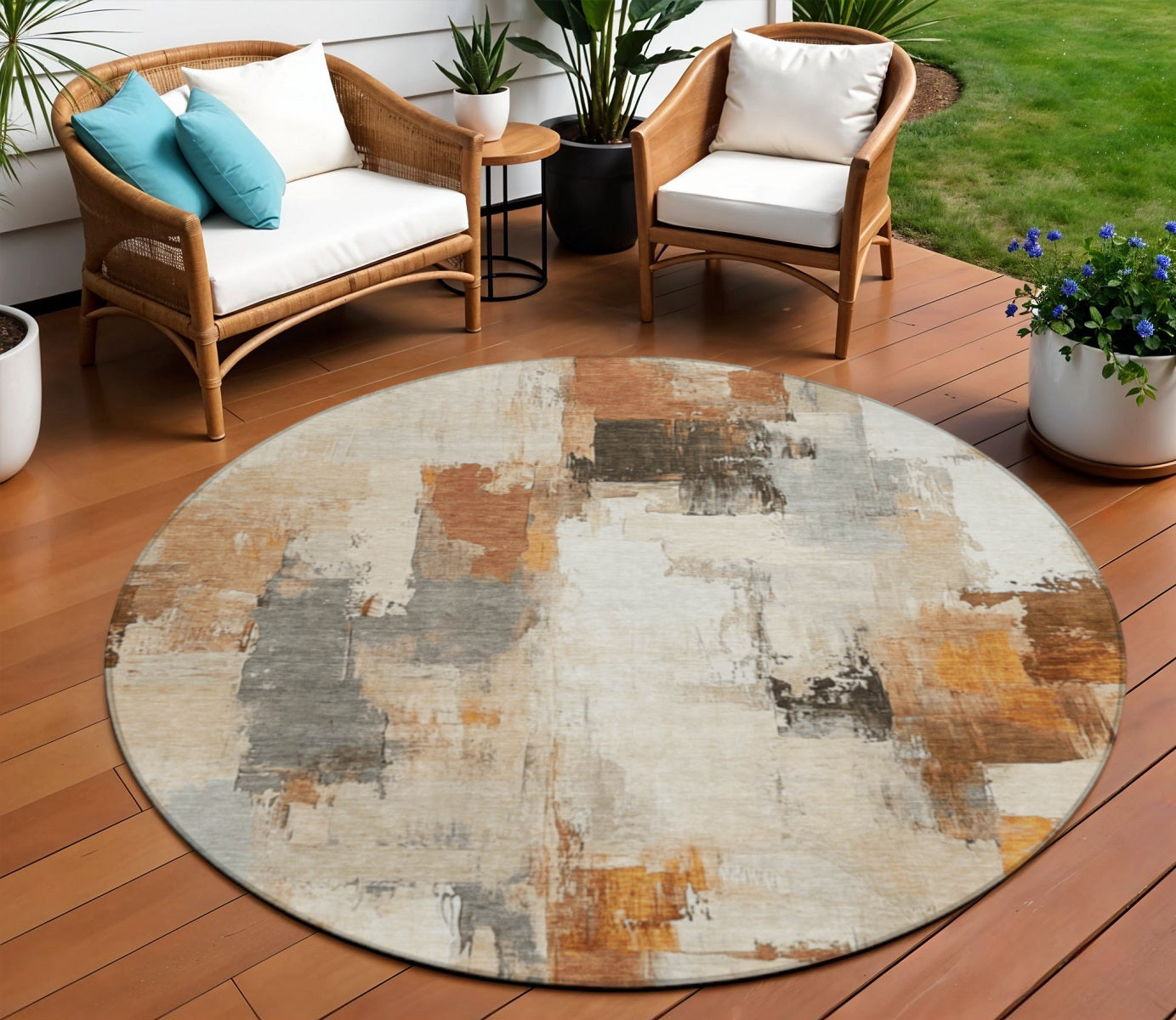8 Ivory And Rust Round Abstract Washable Indoor Outdoor Area Rug
