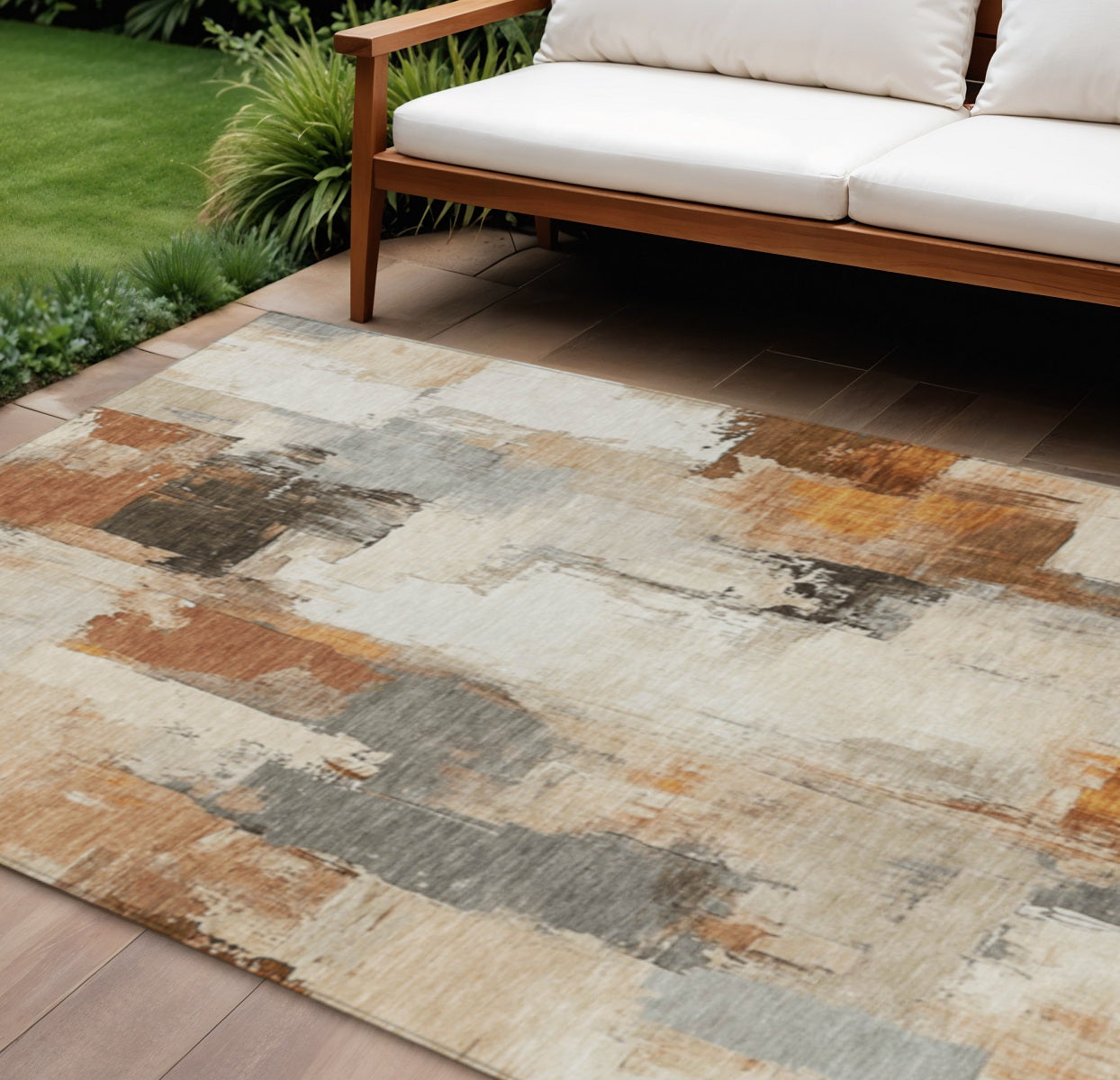 8 X 10 Ivory And Rust Abstract Washable Indoor Outdoor Area Rug