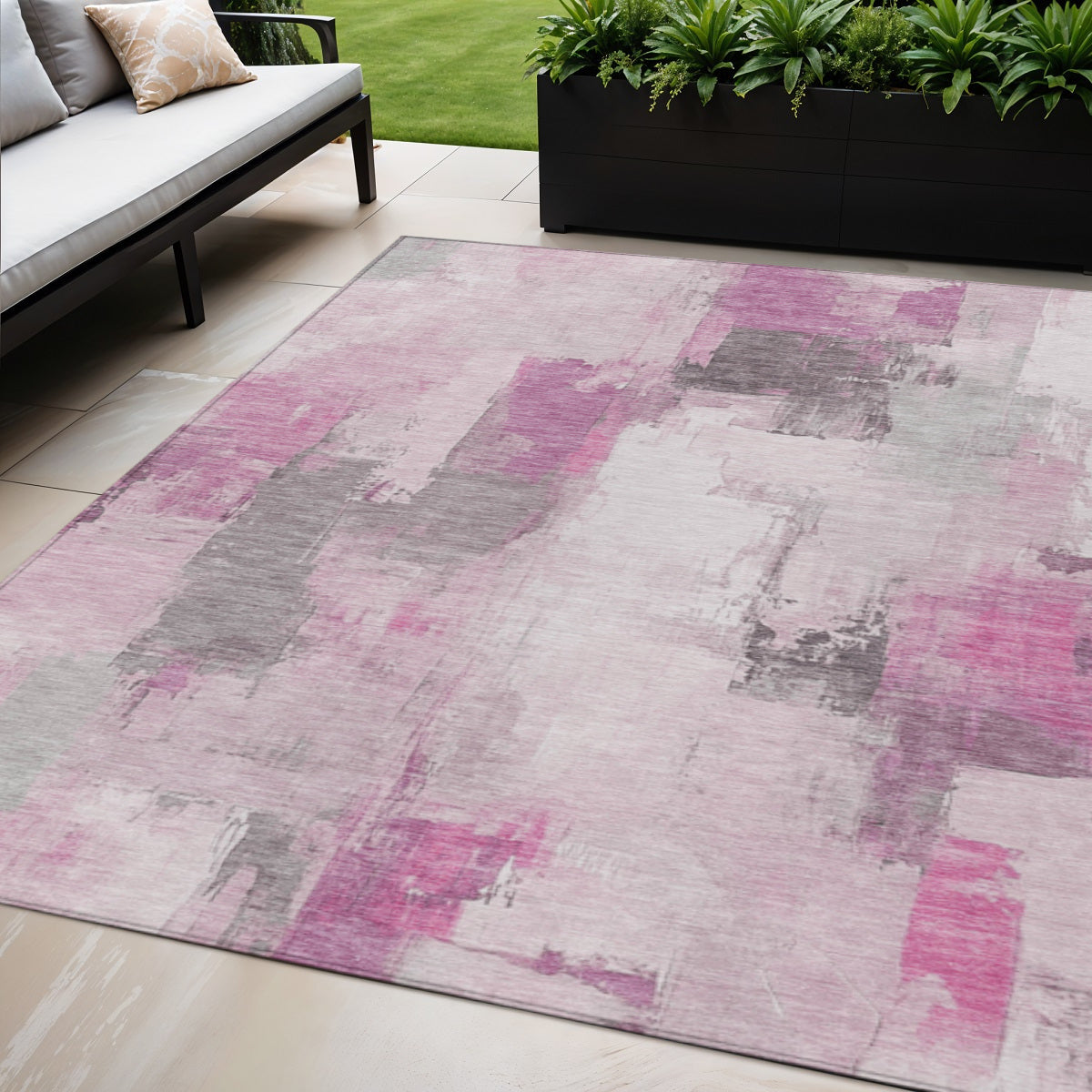 5 X 8 Pink And Silver Abstract Washable Indoor Outdoor Area Rug