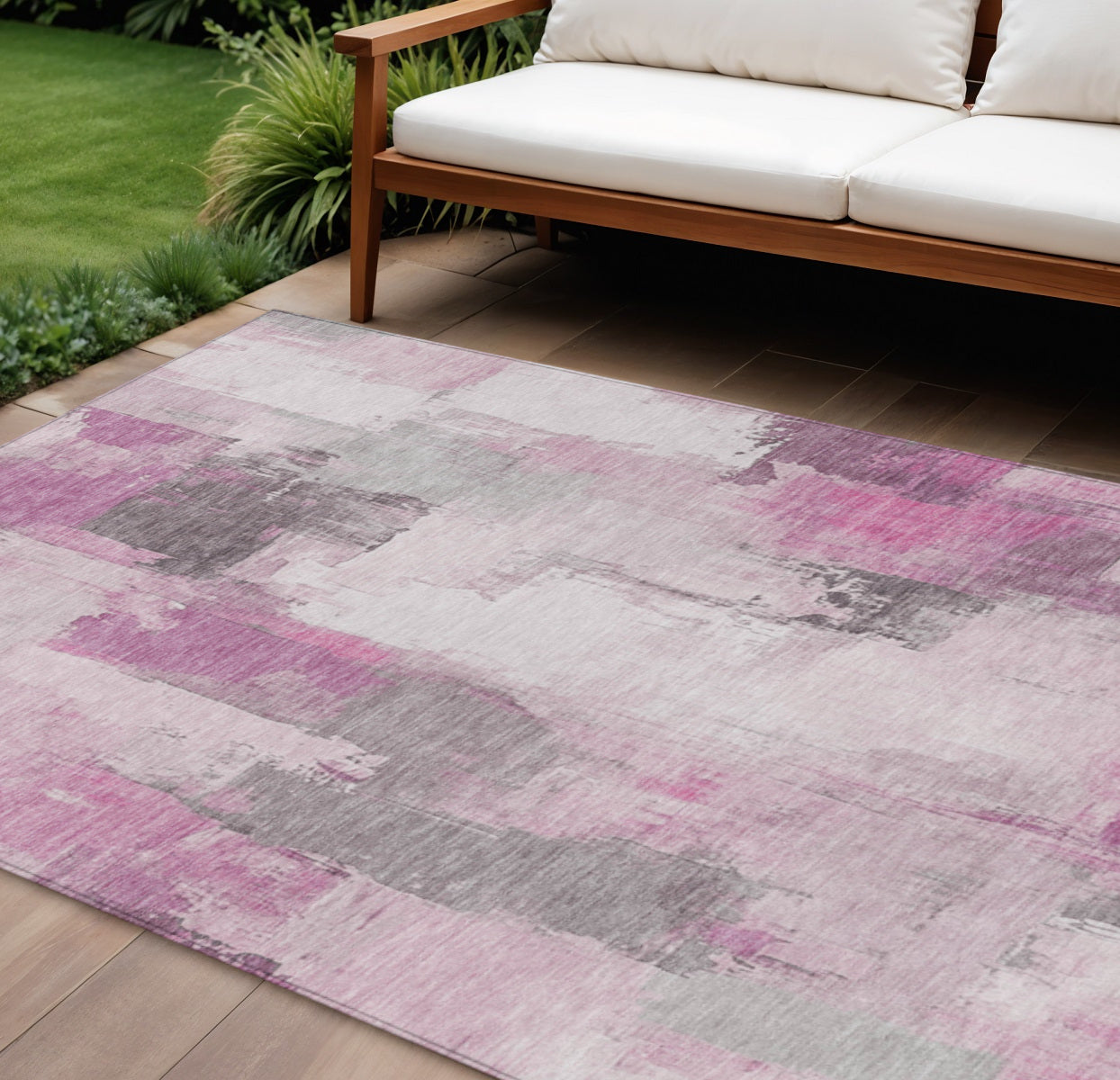 8 X 10 Pink And Silver Abstract Washable Indoor Outdoor Area Rug
