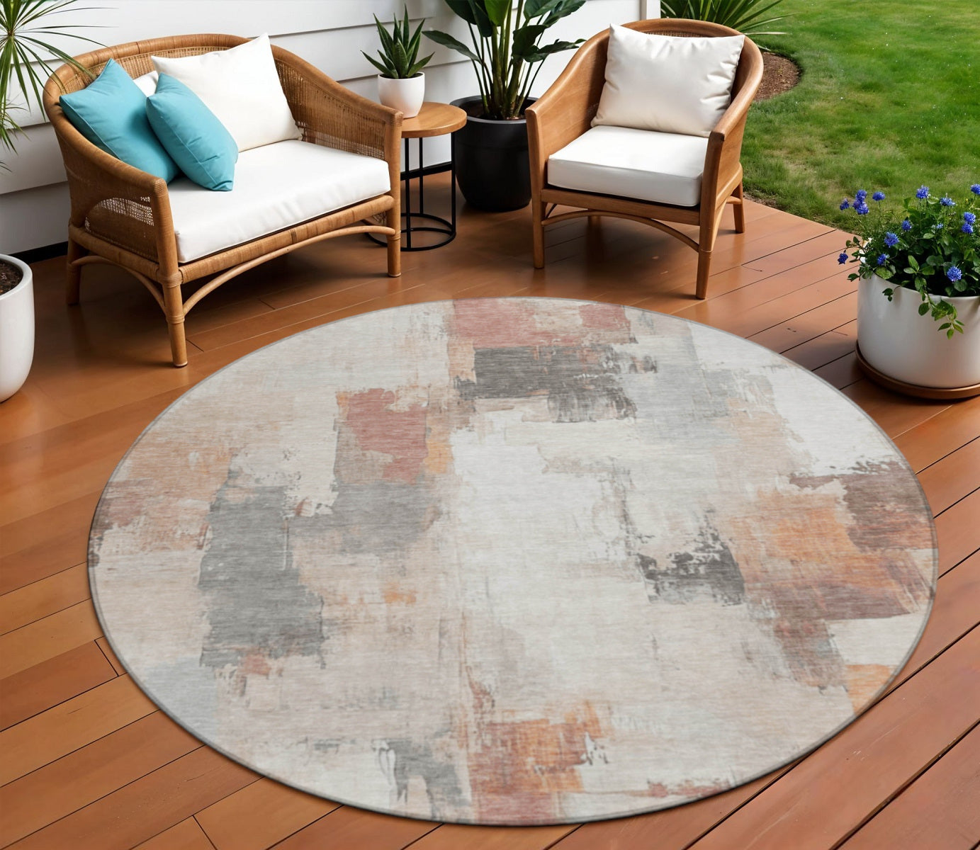 8 Rust And Ivory Round Abstract Washable Indoor Outdoor Area Rug