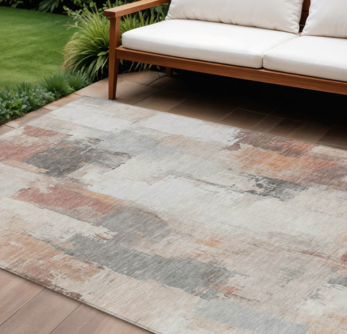 10 X 14 Rust And Ivory Abstract Washable Indoor Outdoor Area Rug