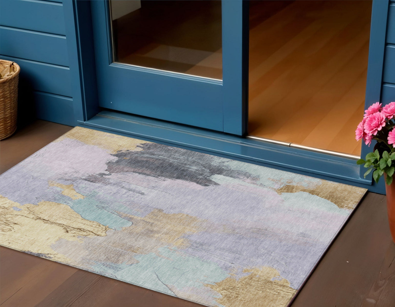 3 X 5 Lavender And Gold Abstract Washable Indoor Outdoor Area Rug