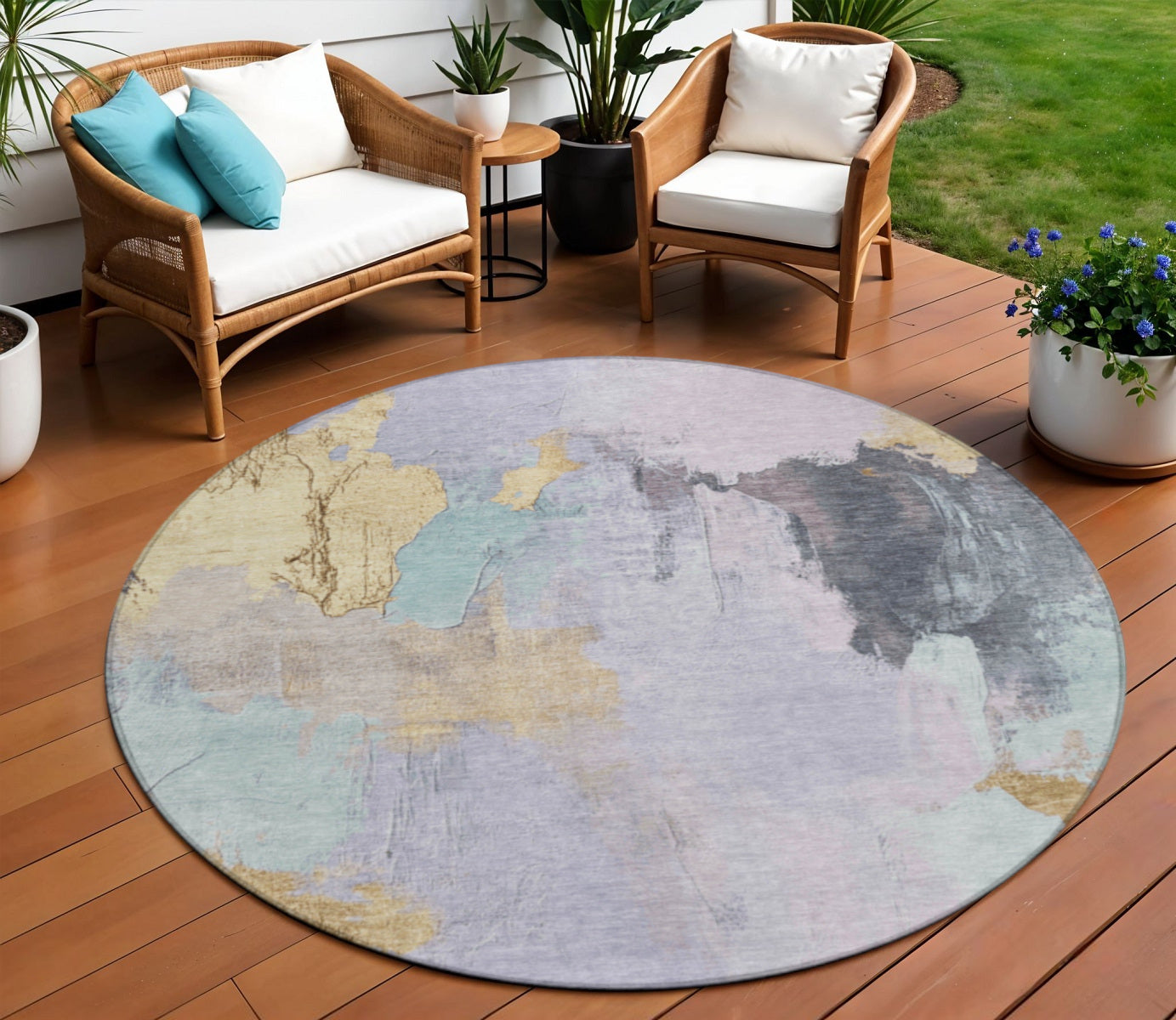 8 Lavender And Gold Round Abstract Washable Indoor Outdoor Area Rug