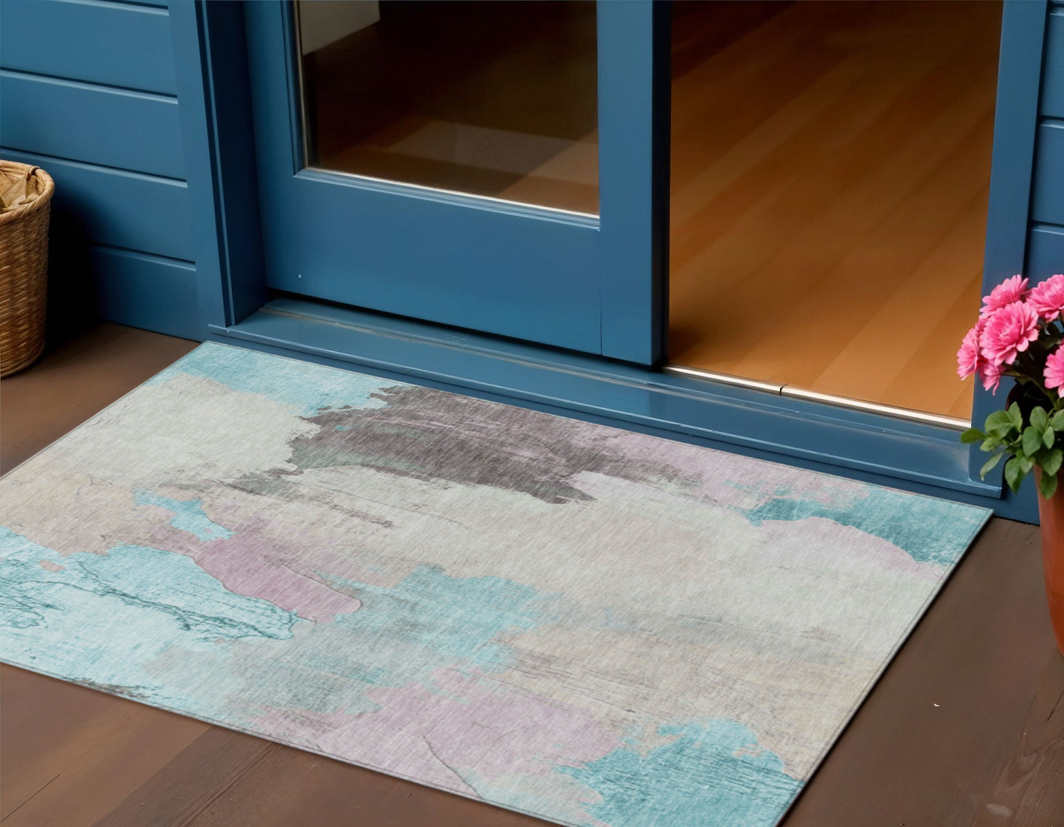 3 X 5 Teal Blue And Beige Abstract Washable Indoor Outdoor Area Rug