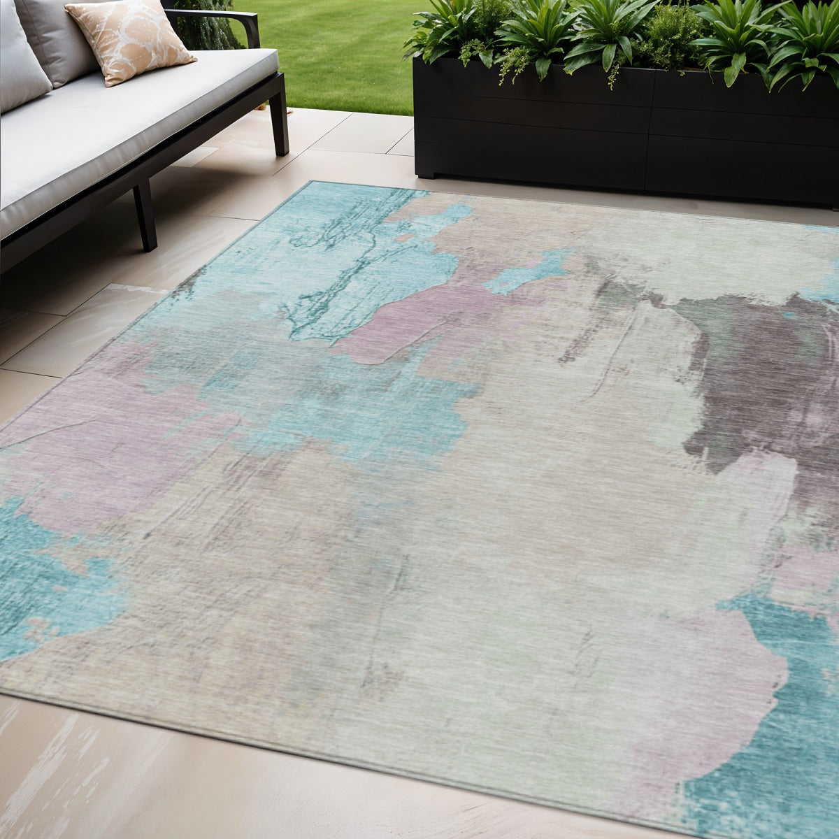 5 X 8 Teal Blue And Beige Abstract Washable Indoor Outdoor Area Rug