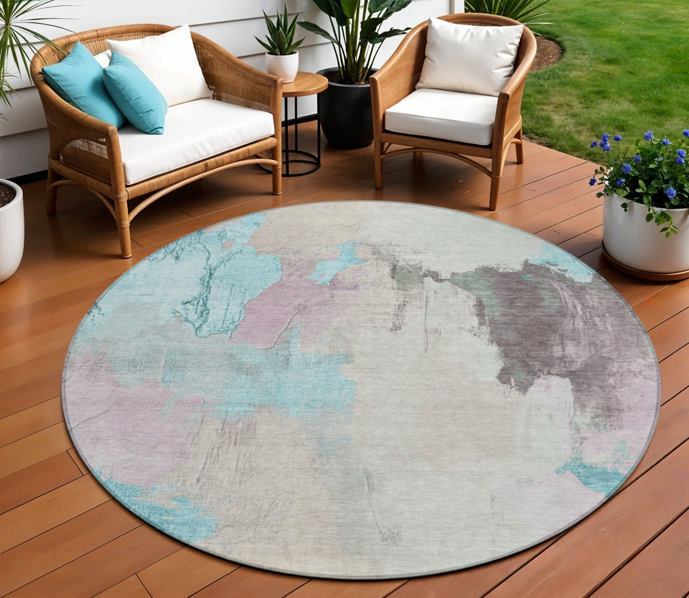 8 Teal Blue And Beige Round Abstract Washable Indoor Outdoor Area Rug