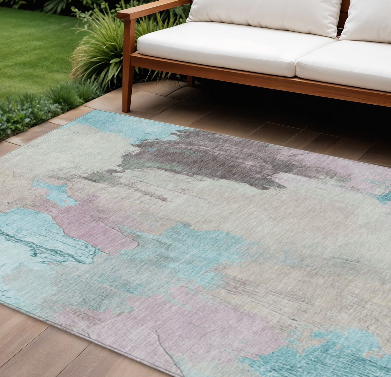 10 X 14 Teal Blue And Beige Abstract Washable Indoor Outdoor Area Rug