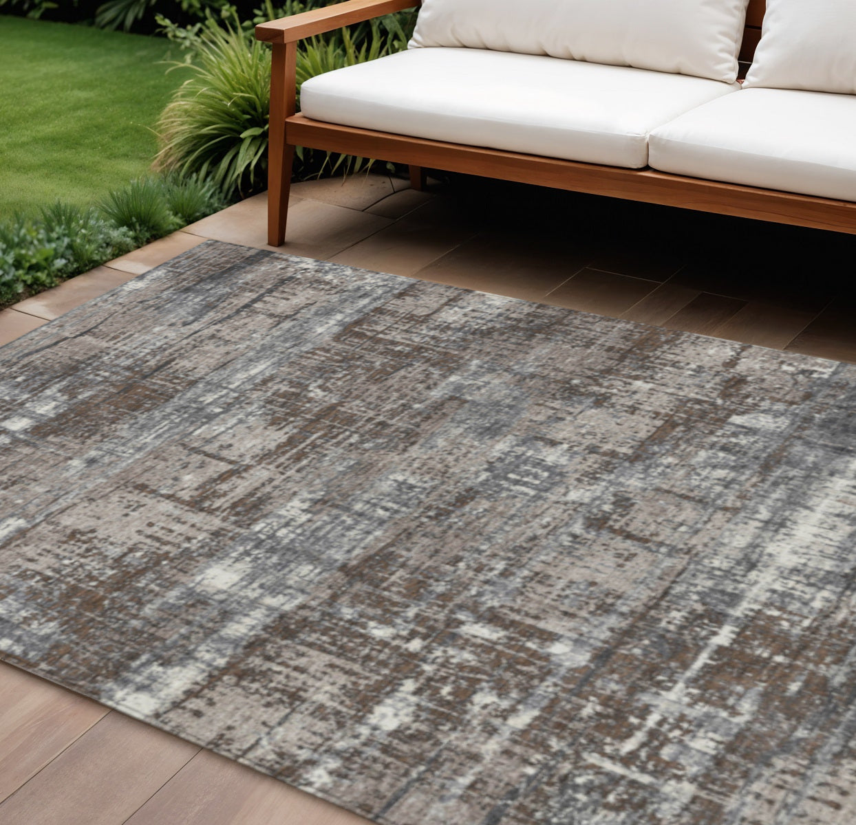 8 X 10 Brown And Charcoal Geometric Washable Indoor Outdoor Area Rug