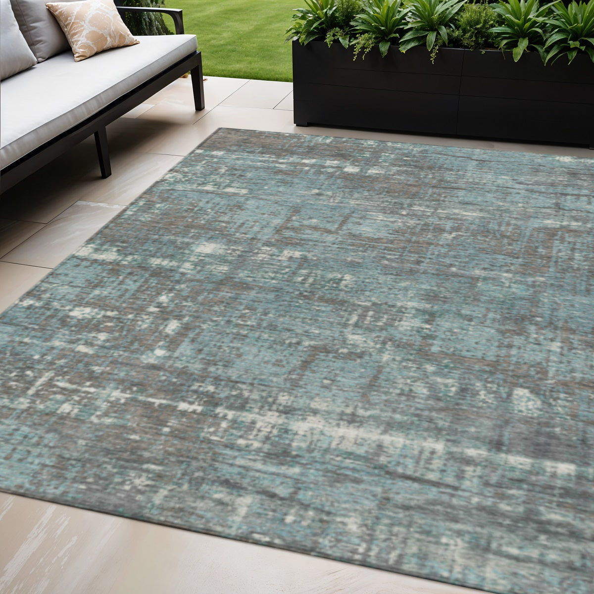 5 X 8 Taupe And Teal Blue Geometric Washable Indoor Outdoor Area Rug
