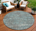 8 Taupe And Teal Blue Round Geometric Washable Indoor Outdoor Area Rug