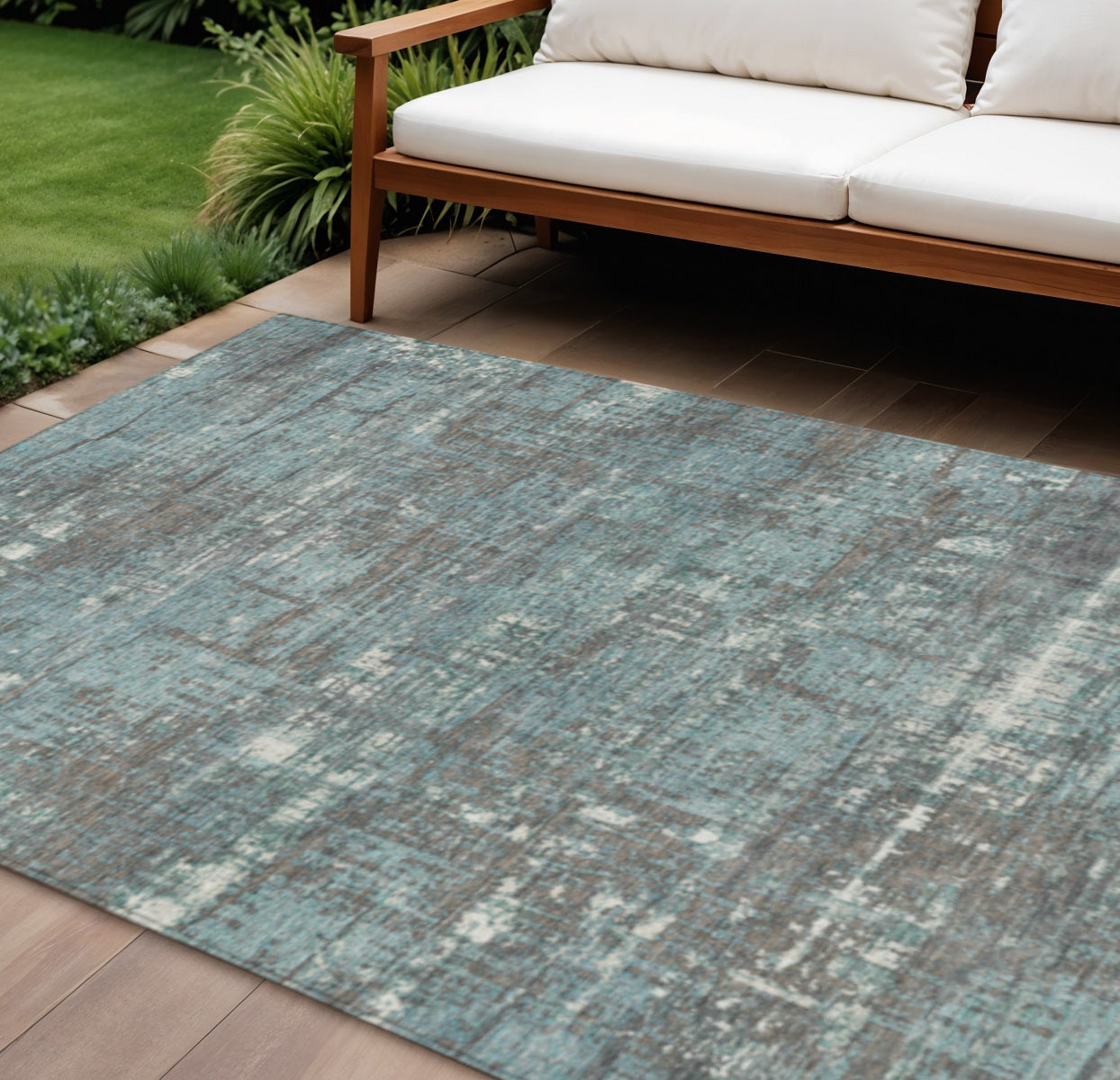 8 X 10 Taupe And Teal Blue Geometric Washable Indoor Outdoor Area Rug