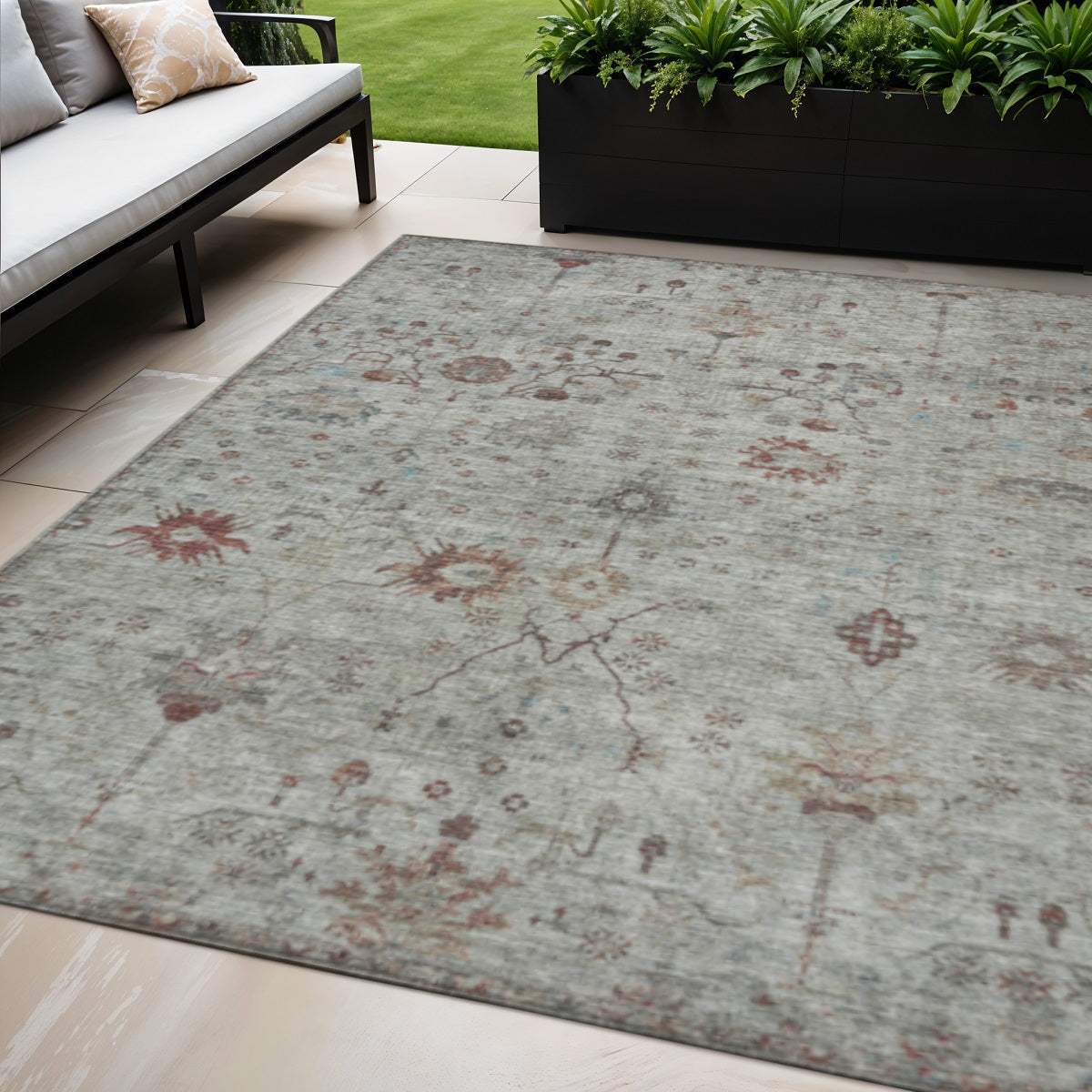 5 X 8 Gray And Copper Floral Washable Indoor Outdoor Area Rug