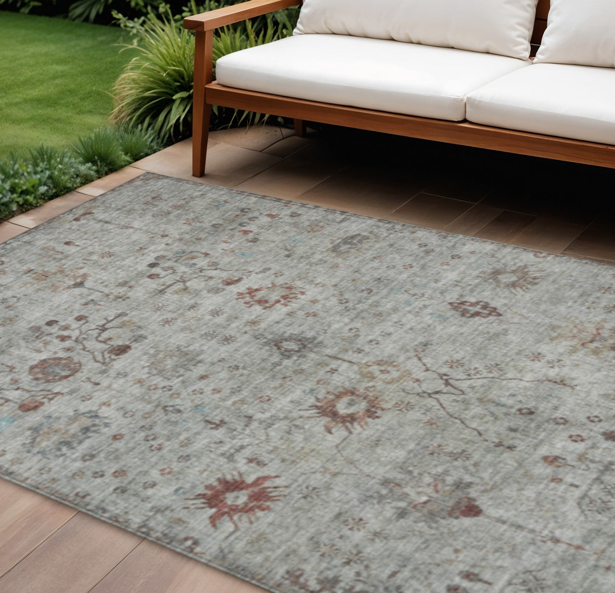 9 X 12 Gray And Copper Floral Washable Indoor Outdoor Area Rug