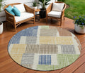 8 Beige Gold And Blue Round Geometric Washable Indoor Outdoor Area Rug