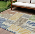 8 X 10 Beige Gold And Blue Geometric Washable Indoor Outdoor Area Rug