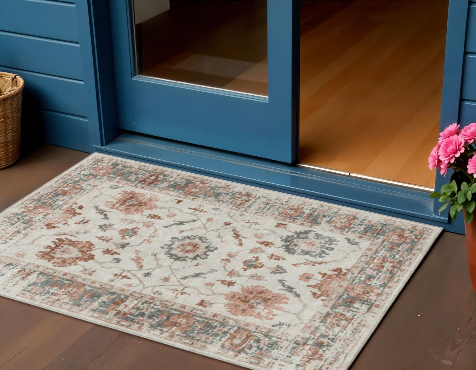 3 X 5 Linen And Ivory Floral Washable Indoor Outdoor Area Rug