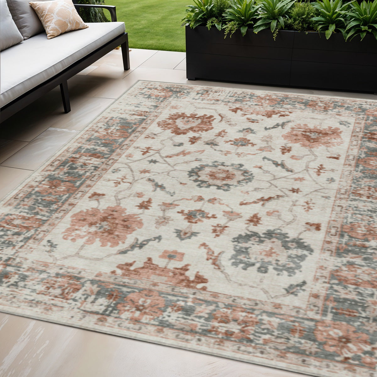 5 X 8 Linen And Ivory Floral Washable Indoor Outdoor Area Rug