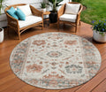 8 Linen And Ivory Round Floral Washable Indoor Outdoor Area Rug