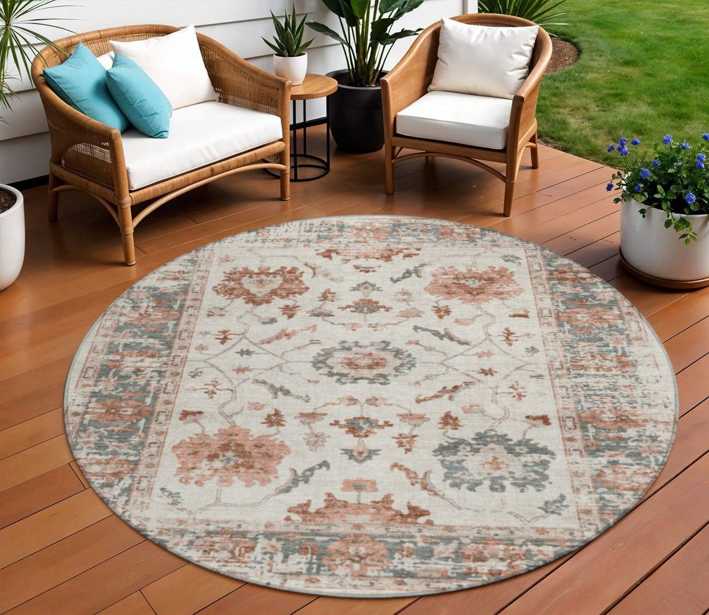 8 Linen And Ivory Round Floral Washable Indoor Outdoor Area Rug