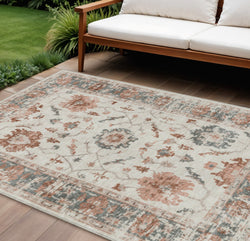 9 X 12 Linen And Ivory Floral Washable Indoor Outdoor Area Rug