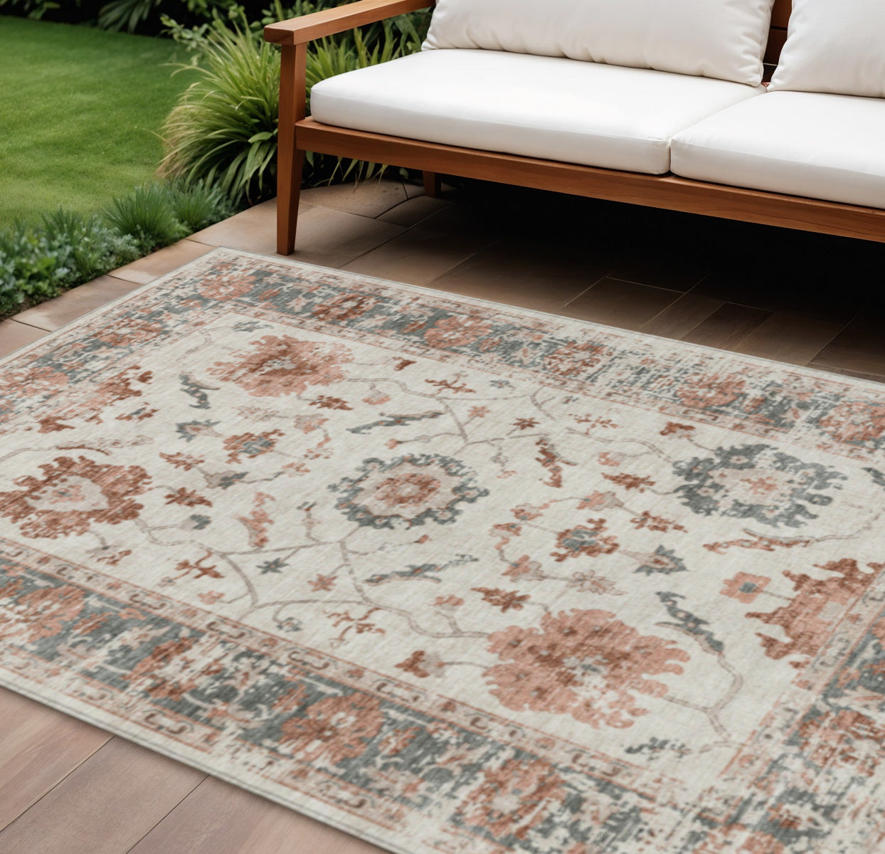 9 X 12 Linen And Ivory Floral Washable Indoor Outdoor Area Rug