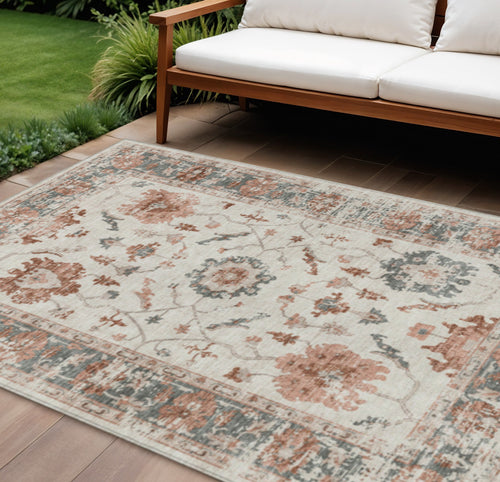 10 X 14 Linen And Ivory Floral Washable Indoor Outdoor Area Rug