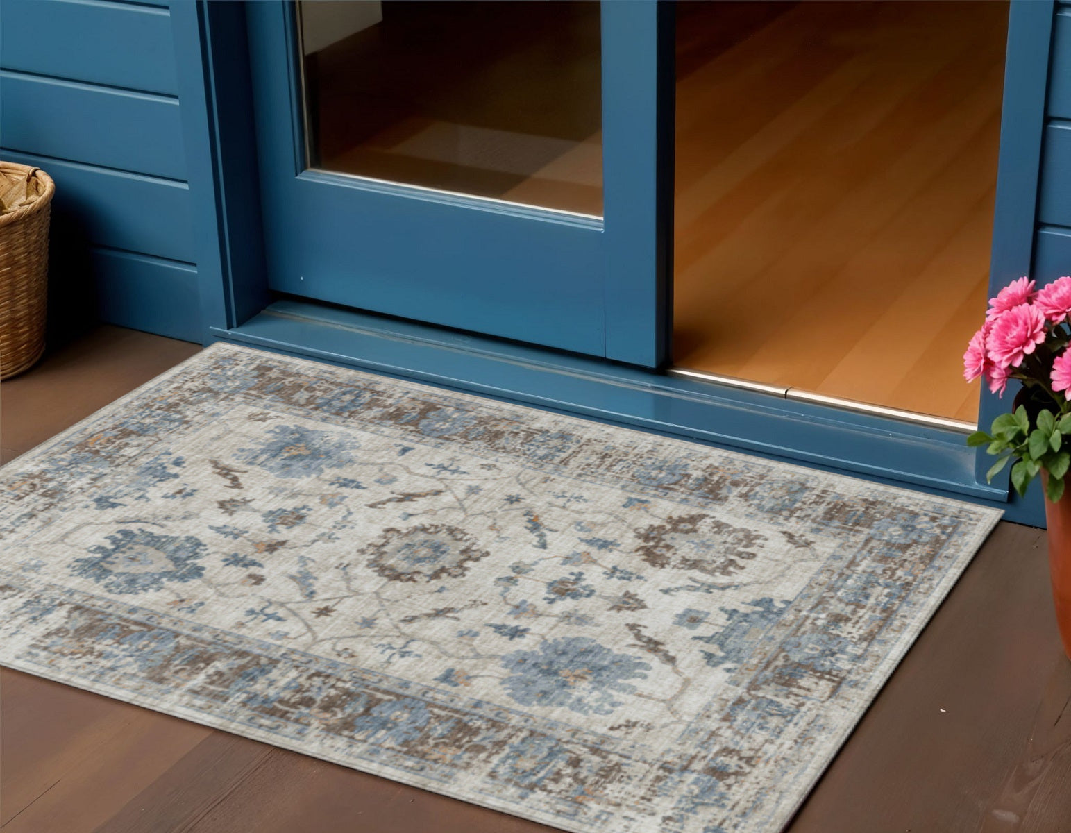 3 X 5 Beige And Blue Floral Washable Indoor Outdoor Area Rug