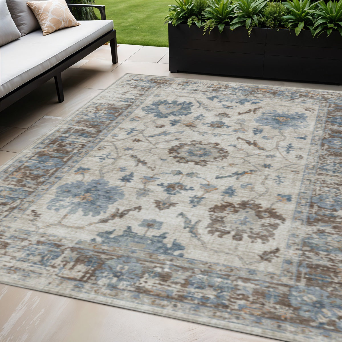 5 X 8 Beige And Blue Floral Washable Indoor Outdoor Area Rug