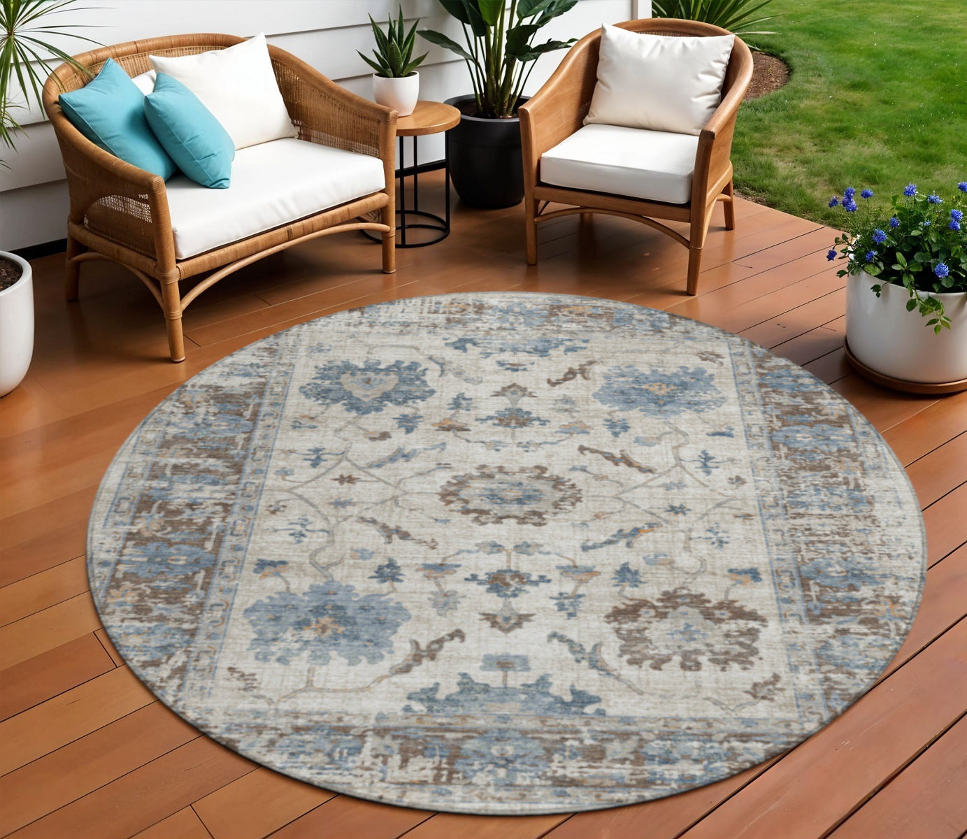 8 Beige And Blue Round Floral Washable Indoor Outdoor Area Rug