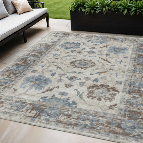 10 X 14 Beige And Blue Floral Washable Indoor Outdoor Area Rug