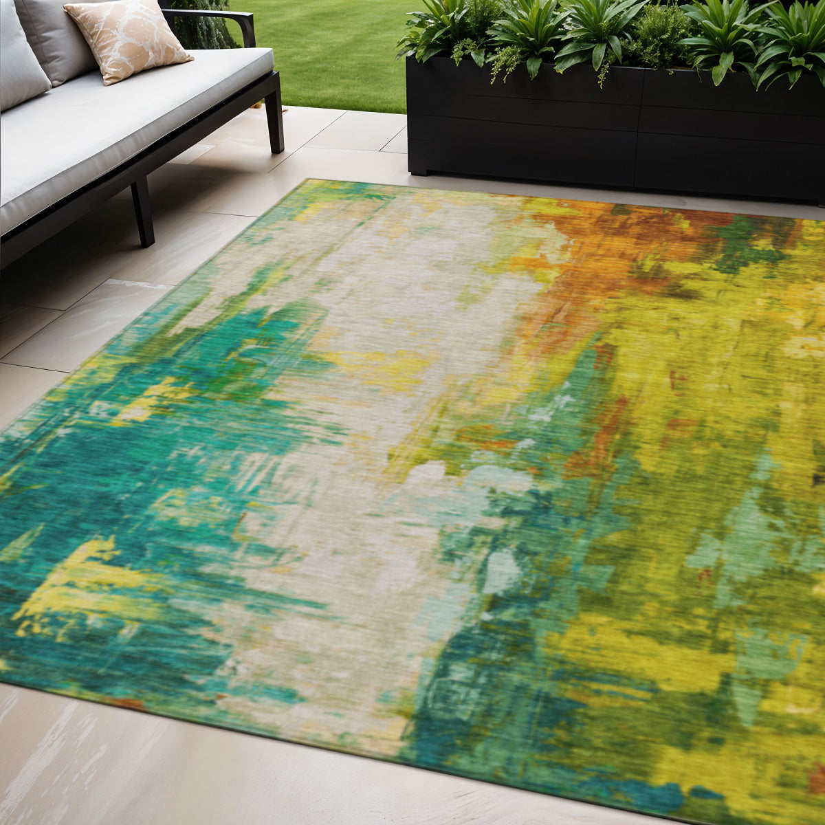5 X 8 Green And Gold Abstract Washable Indoor Outdoor Area Rug