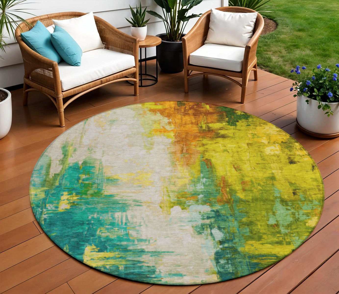 8 Green And Gold Round Abstract Washable Indoor Outdoor Area Rug