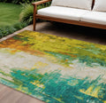 10 X 14 Green And Gold Abstract Washable Indoor Outdoor Area Rug