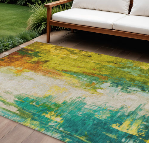 10 X 14 Green And Gold Abstract Washable Indoor Outdoor Area Rug