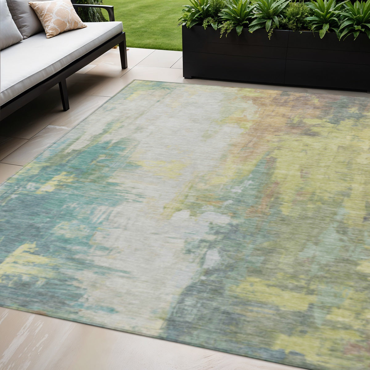 5 X 8 Pale Aqua And Ivory Abstract Washable Indoor Outdoor Area Rug