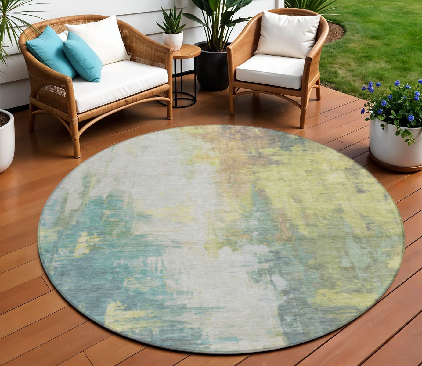 8 Pale Aqua And Ivory Round Abstract Washable Indoor Outdoor Area Rug