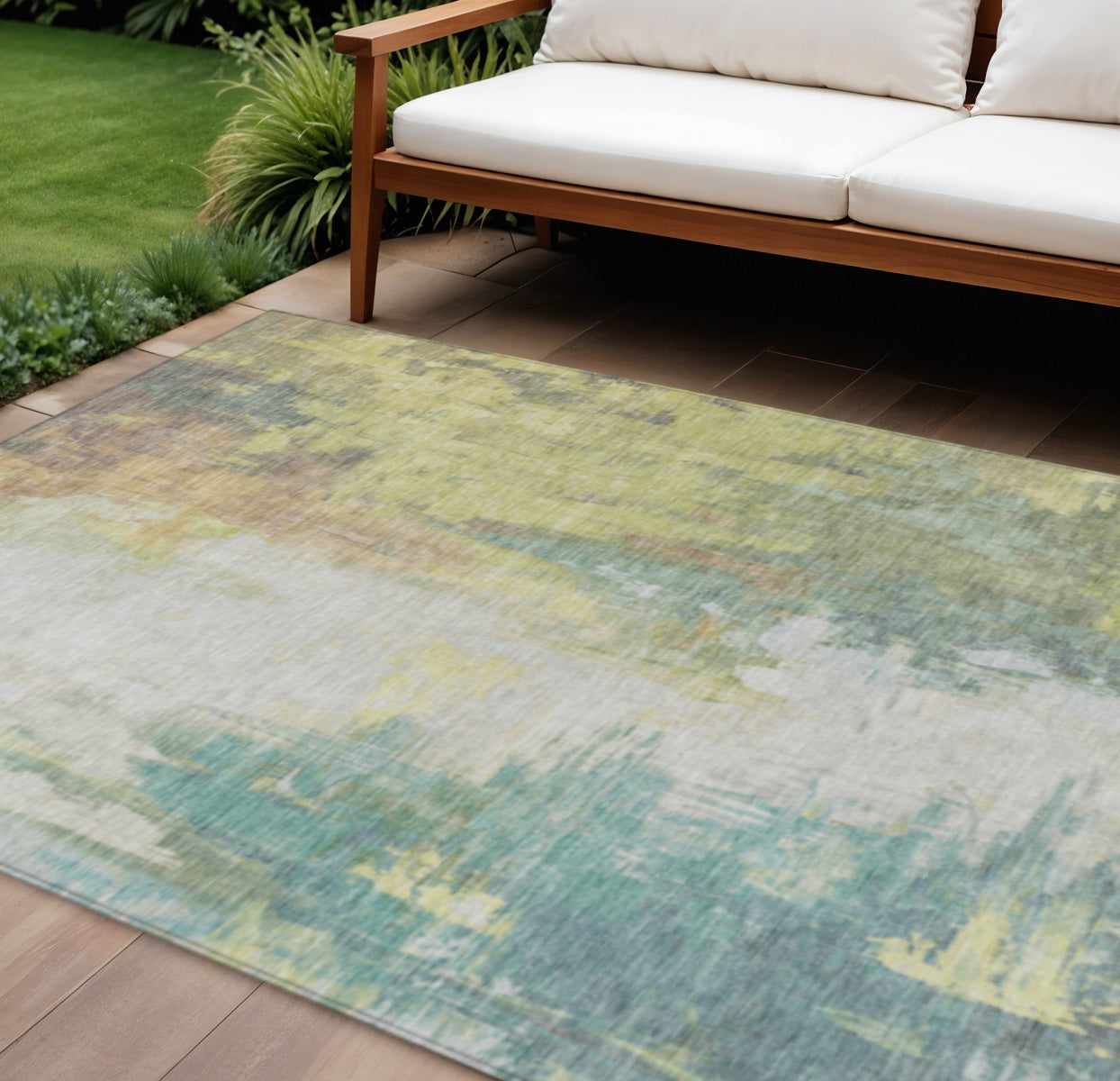8 X 10 Pale Aqua And Ivory Abstract Washable Indoor Outdoor Area Rug