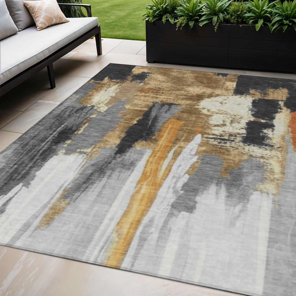 5 X 8 Black And Gold Abstract Washable Indoor Outdoor Area Rug