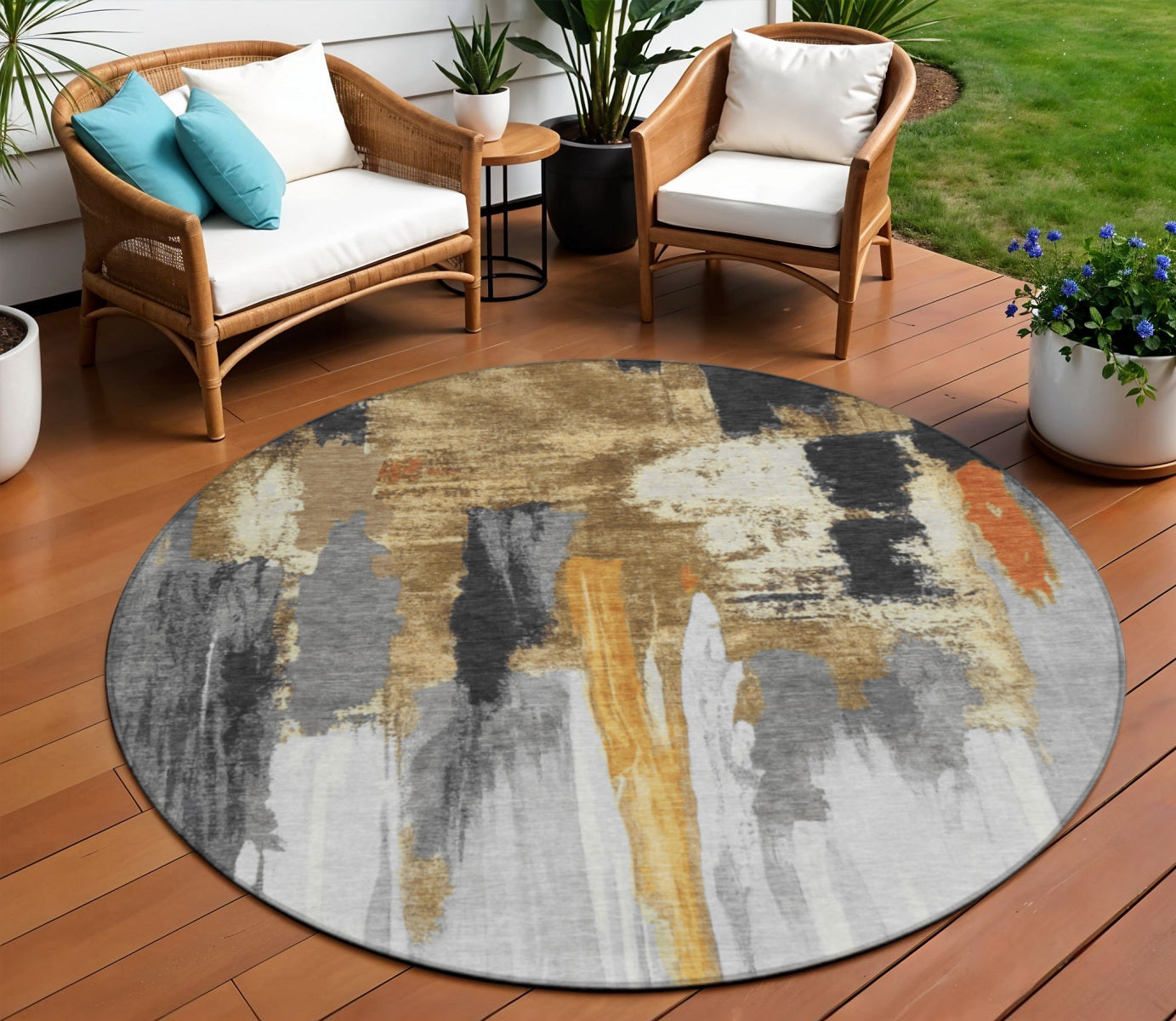 8 Black And Gold Round Abstract Washable Indoor Outdoor Area Rug