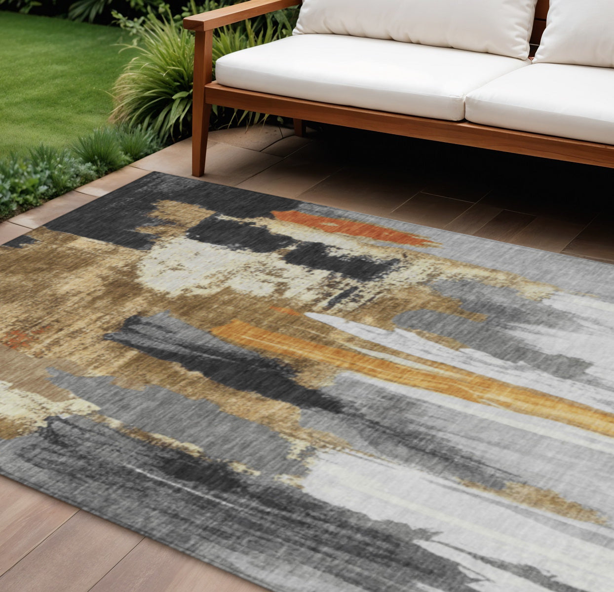 8 X 10 Black And Gold Abstract Washable Indoor Outdoor Area Rug