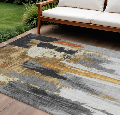 10 X 14 Black And Gold Abstract Washable Indoor Outdoor Area Rug