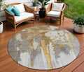 8 Ivory And Gold Round Abstract Washable Indoor Outdoor Area Rug