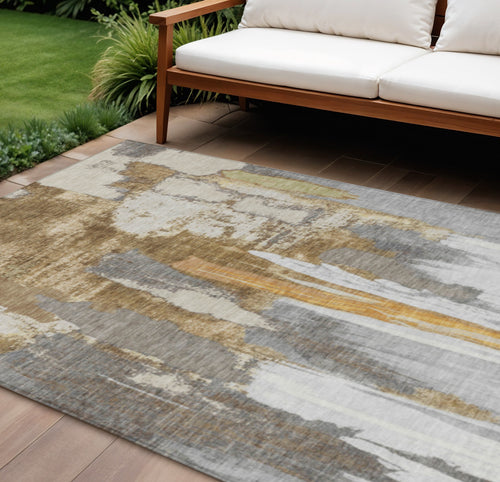 10 X 14 Ivory And Gold Abstract Washable Indoor Outdoor Area Rug