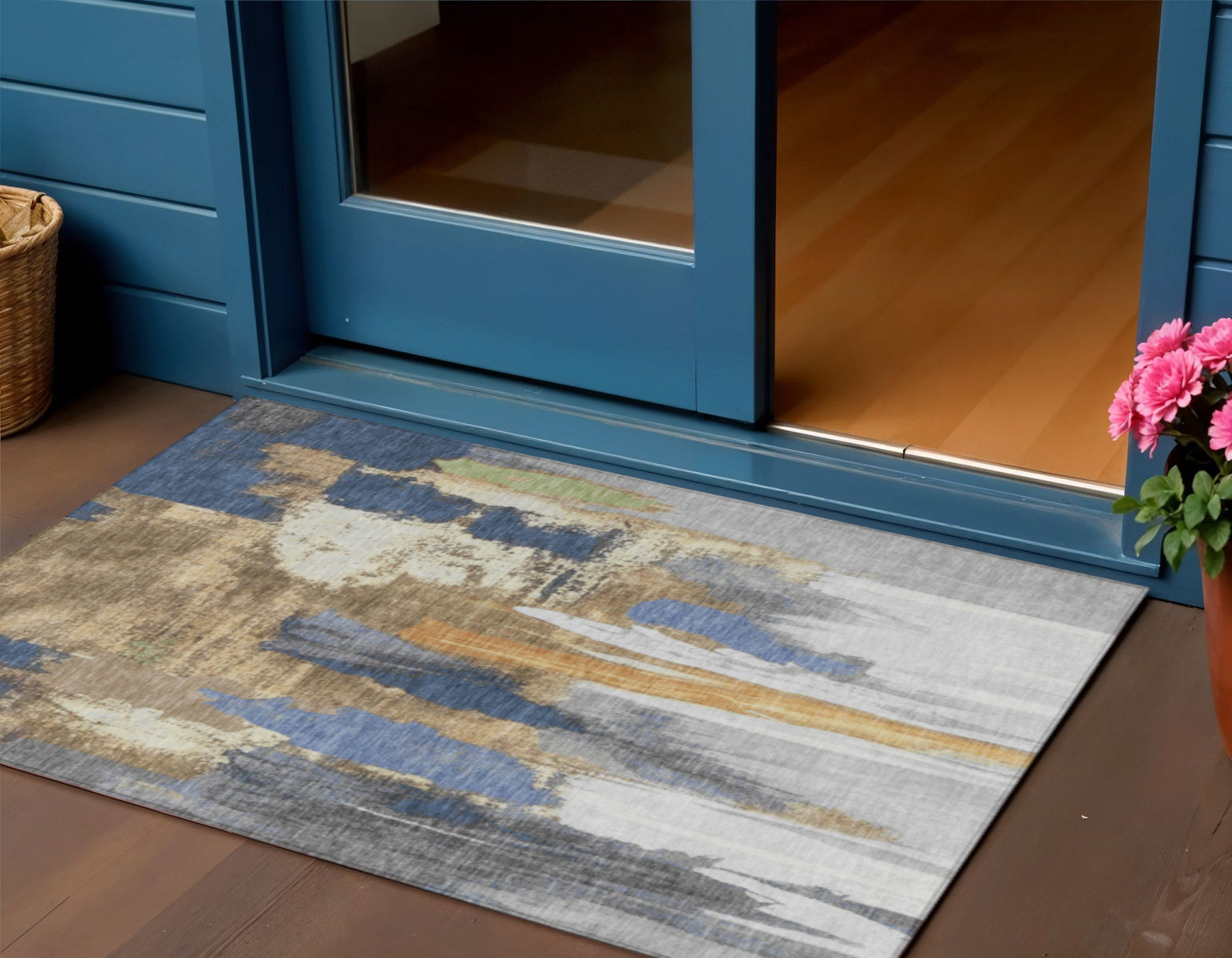 3 X 5 Navy Blue And Gold Abstract Washable Indoor Outdoor Area Rug
