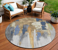 8 Navy Blue And Gold Round Abstract Washable Indoor Outdoor Area Rug