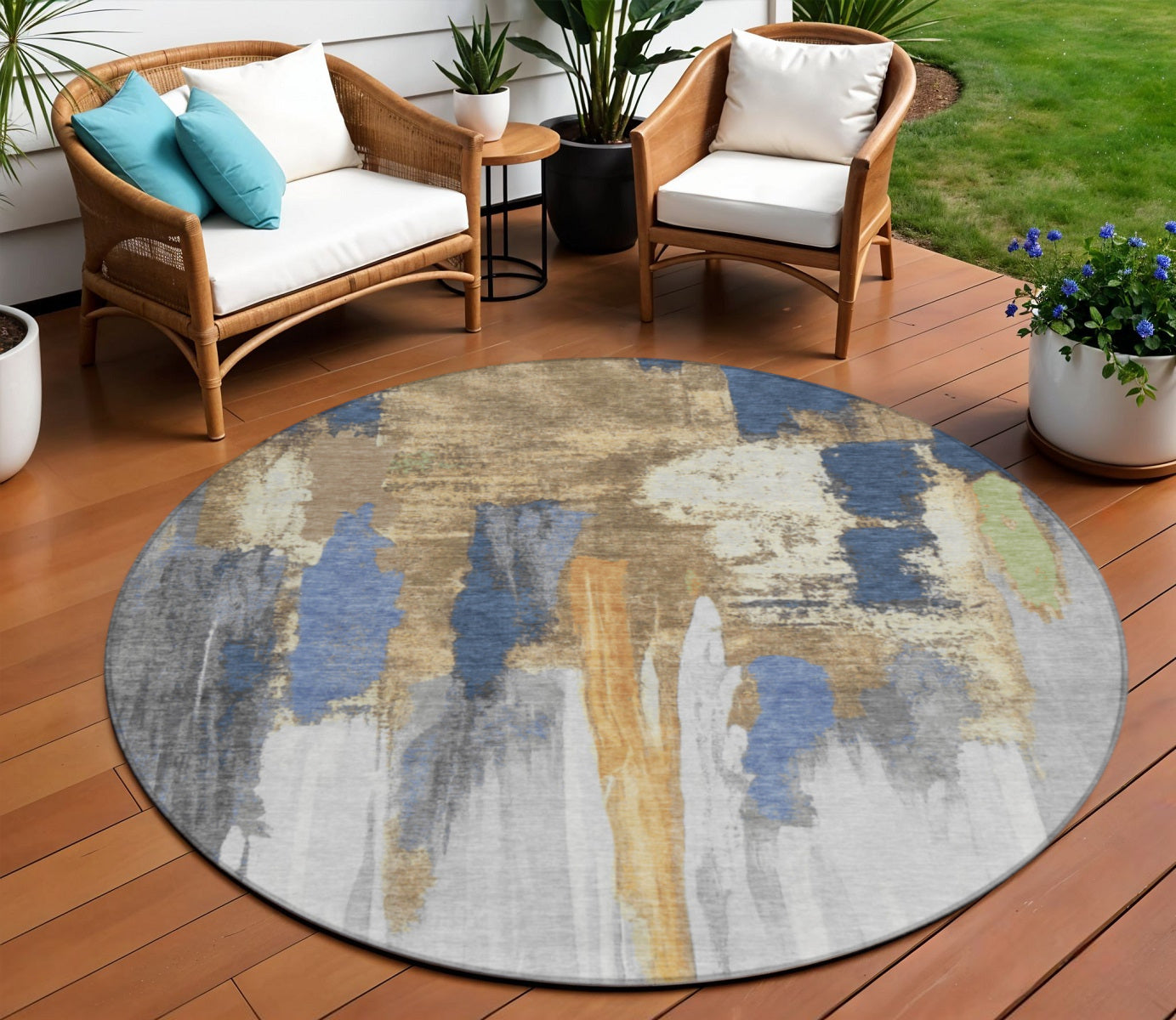 8 Navy Blue And Gold Round Abstract Washable Indoor Outdoor Area Rug