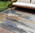 10 X 14 Navy Blue And Gold Abstract Washable Indoor Outdoor Area Rug